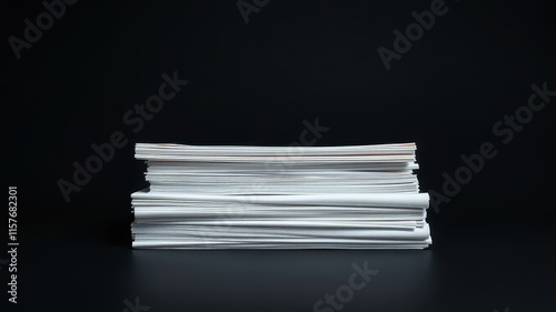 A neat stack of papers rests on a dark surface, suggesting organization and completion of a project.