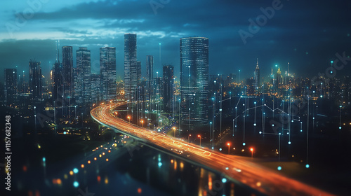 Wallpaper Mural Smart digital Innovation city with connection network reciprocity over the cityscape. of future smart wireless digital city and social media networking systems that connects people with in city Torontodigital.ca