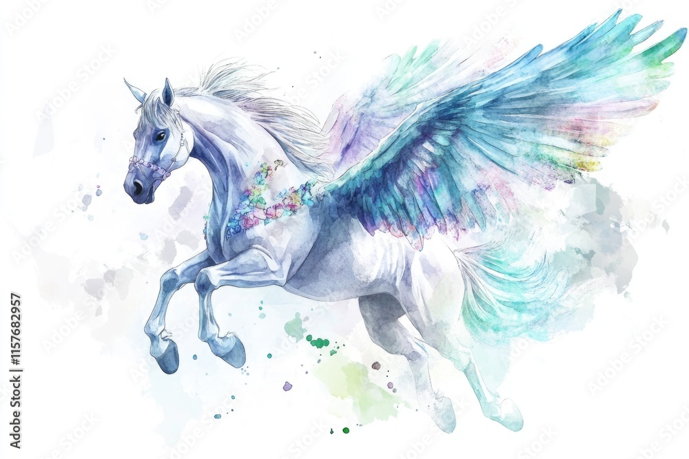 Obraz premium A beautiful watercolor illustration of a white horse with majestic blue wings