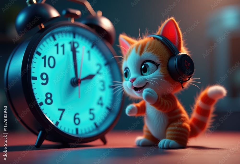 A cute cartoon cat with headphones looks at an alarm clock. A cute cartoon cat with headphones looks at an alarm clock.