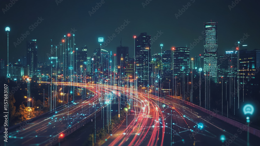 Smart digital Innovation city with connection network reciprocity over the cityscape. of future smart wireless digital city and social media networking systems that connects people with in city Smart digital Innovation city with connection network reciprocity over the cityscape. of future smart wireless digital city and social media networking systems that connects people with in city
