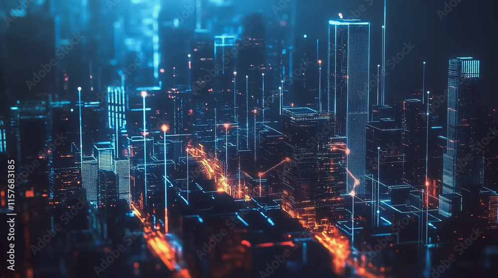 Fototapeta premium Smart digital Innovation city with connection network reciprocity over the cityscape. of future smart wireless digital city and social media networking systems that connects people with in city
