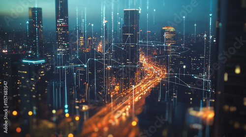 Smart digital Innovation city with connection network reciprocity over the cityscape. of future smart wireless digital city and social media networking systems that connects people with in city