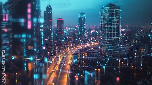 Wallpaper Mural Smart digital Innovation city with connection network reciprocity over the cityscape. of future smart wireless digital city and social media networking systems that connects people with in city Torontodigital.ca