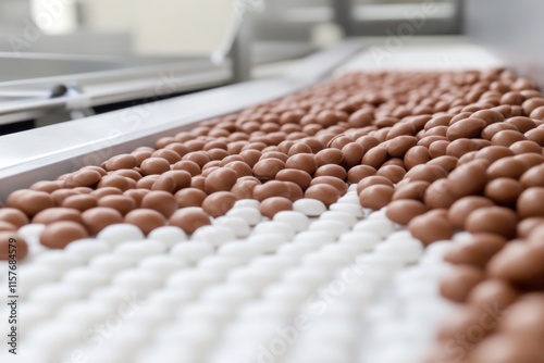 A close-up shot of a conveyor belt filled with numerous chocolate balls, perfect for sweet treats and confectionery-related content