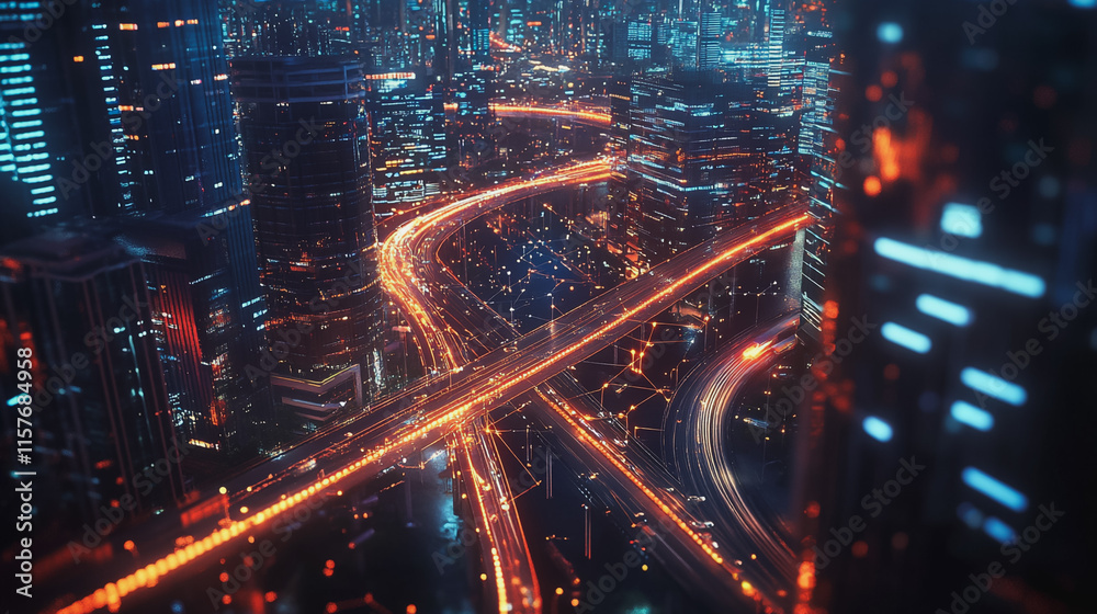Fototapeta premium Smart digital Innovation city with connection network reciprocity over the cityscape. of future smart wireless digital city and social media networking systems that connects people with in city