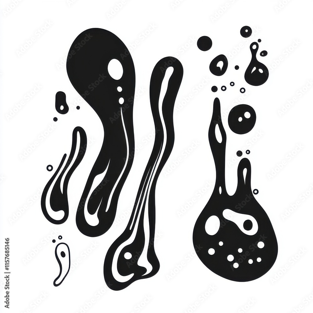 Obraz premium Abstract black liquid shapes with varying sizes and bubbles, creating a dynamic and fluid visual effect.