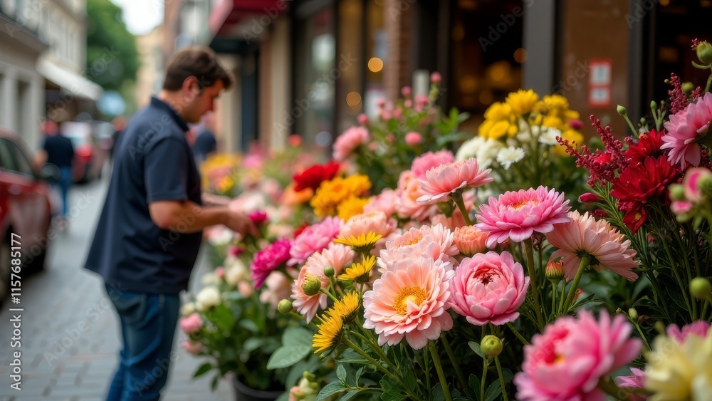 A man chooses a bouquet at a flower fair on a city street A man chooses a bouquet at a flower fair on a city street