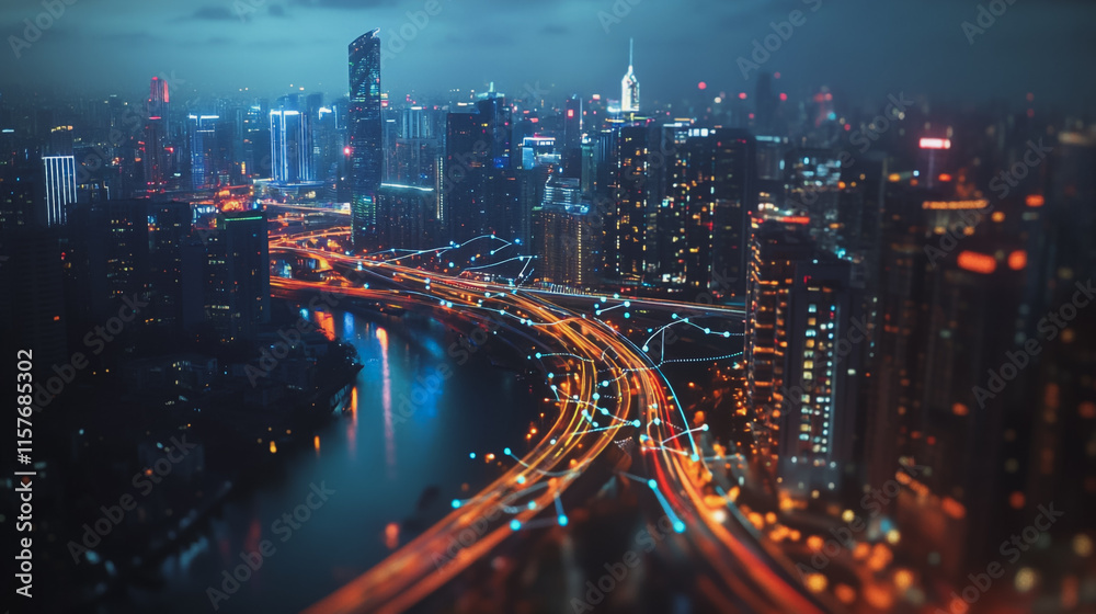 Obraz premium Smart digital Innovation city with connection network reciprocity over the cityscape. of future smart wireless digital city and social media networking systems that connects people with in city