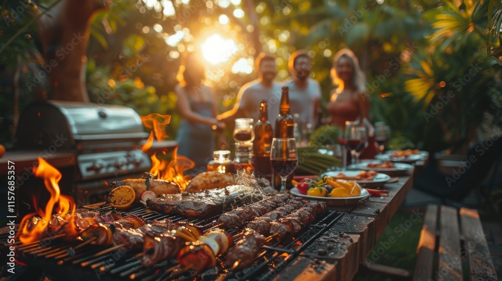 Obraz premium Create an inviting outdoor dining scene where friends gather for