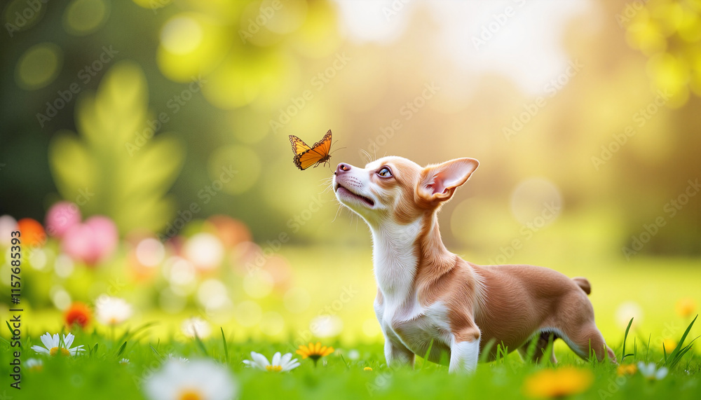 Fototapeta premium Charming chihuahua puppy gazing at fluttering butterfly in garden, joy