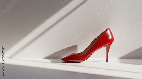 Red high heel shoe on white surface.
