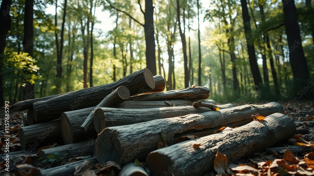 A pile of sun-drenched logs rests on a forest floor, surrounded by fallen leaves in a tranquil woodland scene. A pile of sun-drenched logs rests on a forest floor, surrounded by fallen leaves in a tranquil woodland scene.