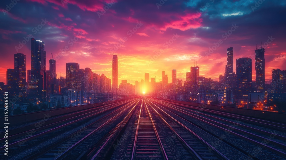 Fototapeta premium Vibrant sunset over futuristic city skyline viewed from train tracks.