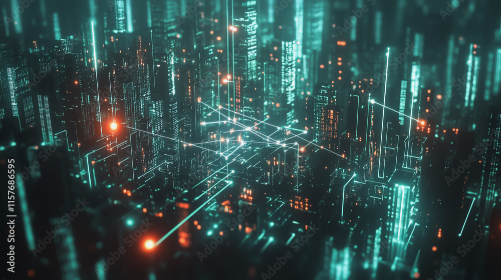 Fototapeta premium Smart digital Innovation city with connection network reciprocity over the cityscape. of future smart wireless digital city and social media networking systems that connects people with in city