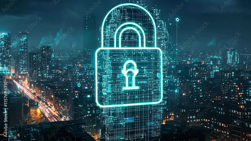 Graphic of a blue lock symbolizing cybersecurity, set against a dark urban cityscape at night. Represents protection of data and digital safety