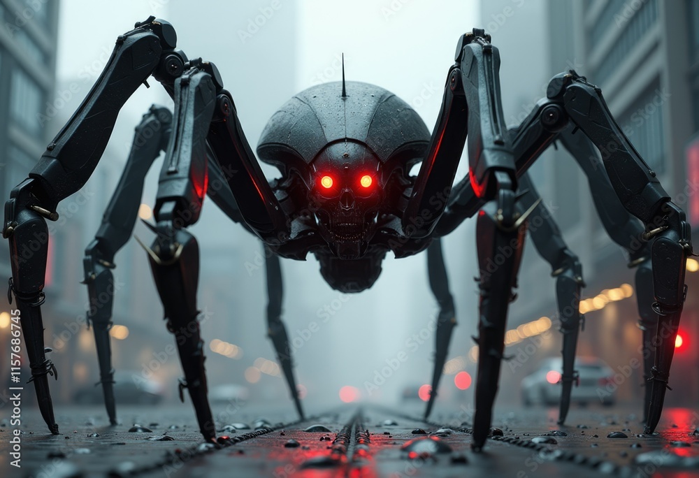 Fototapeta premium A menacing robotic spider stalks the city streets with glowing red eyes.
