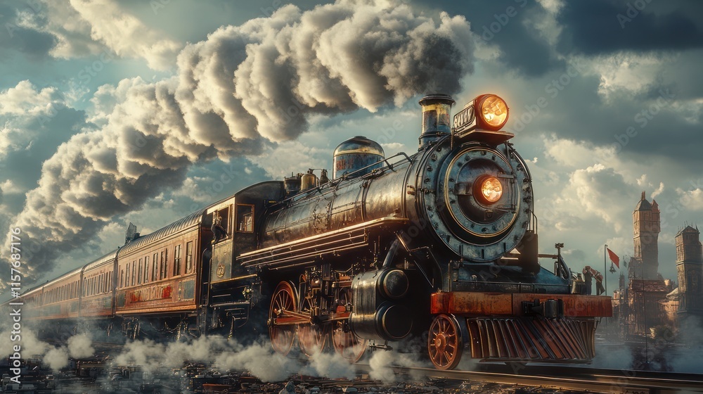 Fototapeta premium Vintage steam train speeding through dramatic cloudscape towards city.