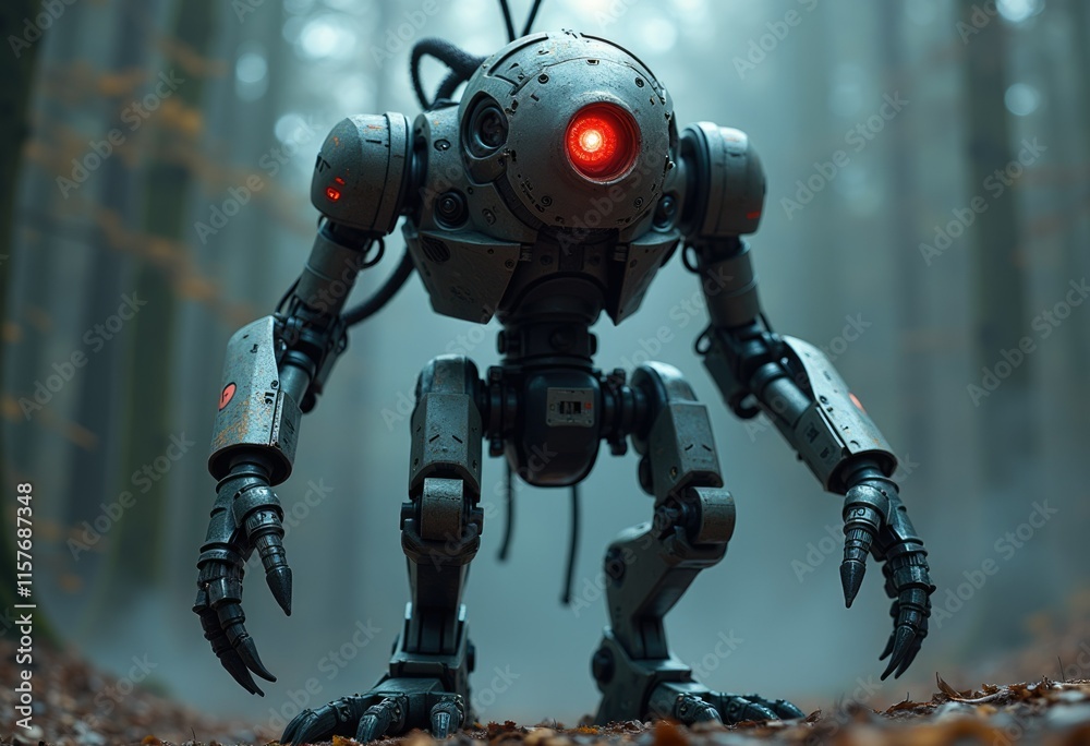 A metallic robot with sharp claws walks through a misty forest. A metallic robot with sharp claws walks through a misty forest.