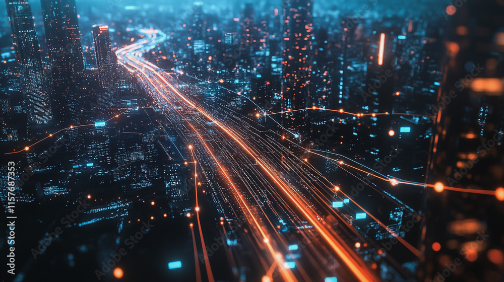 Fototapeta premium Smart digital Innovation city with connection network reciprocity over the cityscape. of future smart wireless digital city and social media networking systems that connects people with in city