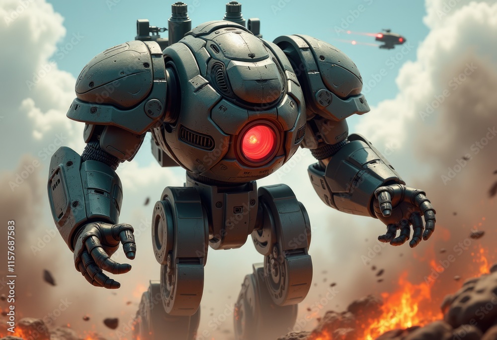 A heavily armored mechanical robot with a red eye walks through a fiery landscape. A heavily armored mechanical robot with a red eye walks through a fiery landscape.