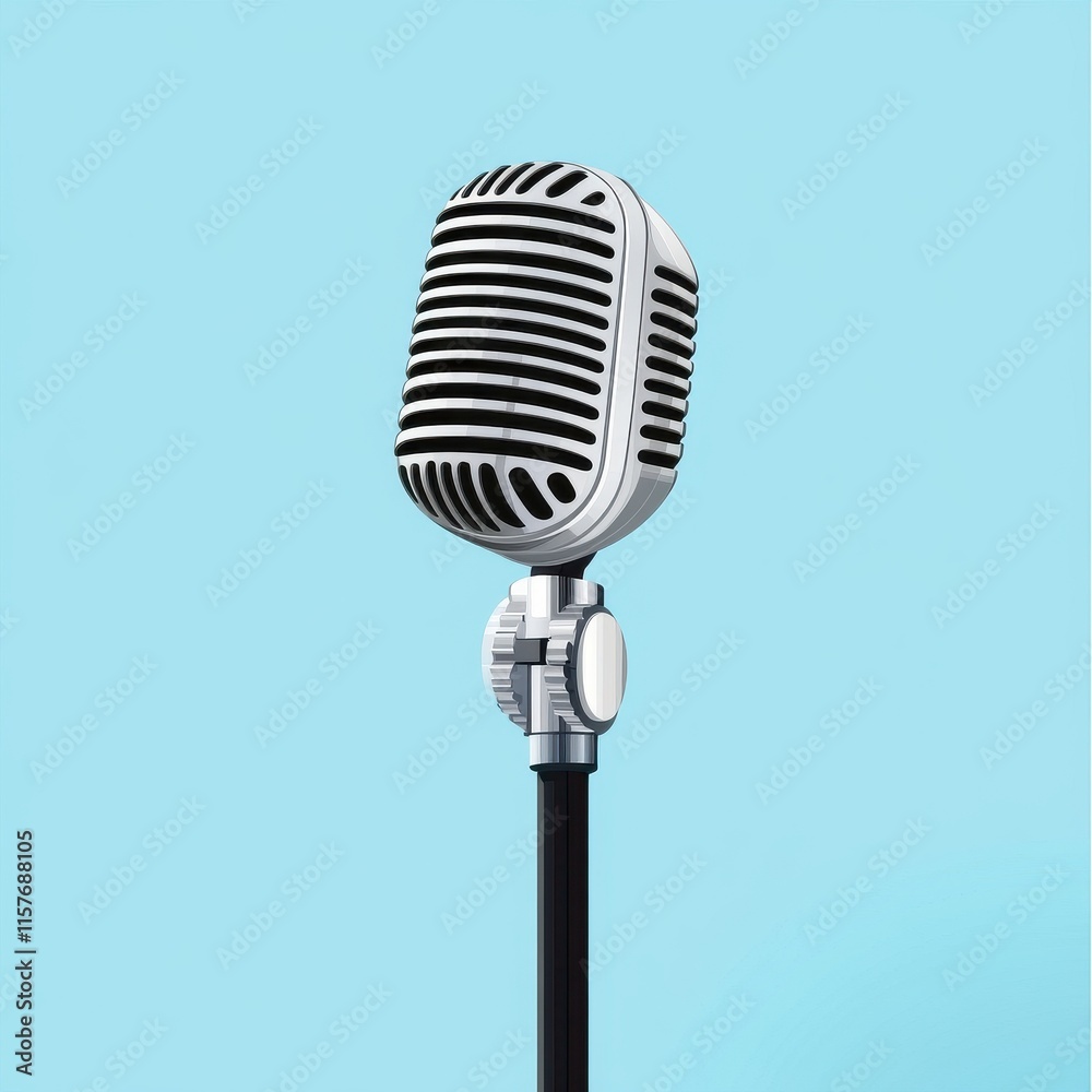Fototapeta premium A classic silver microphone on a stand against a soft blue background, perfect for music and performance themes.