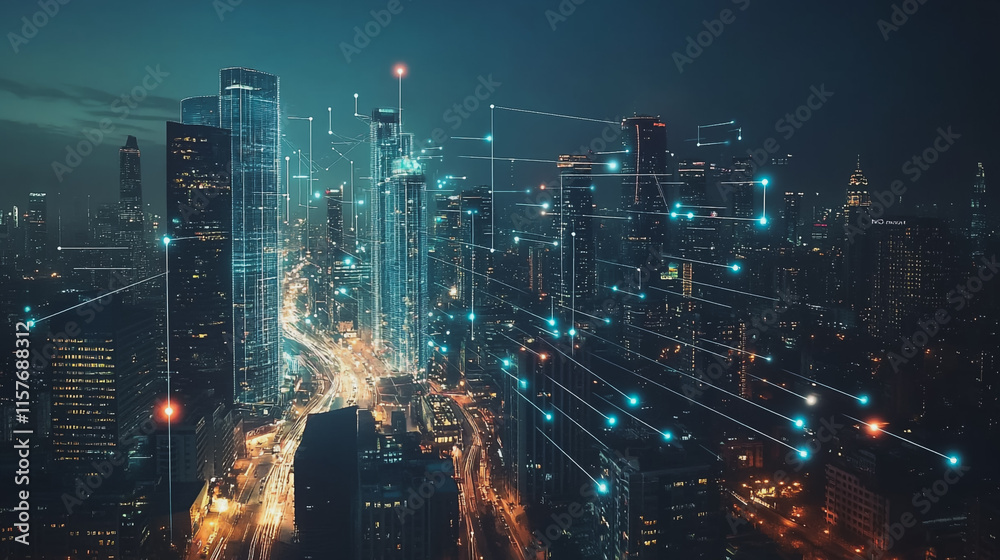 Fototapeta premium Smart digital Innovation city with connection network reciprocity over the cityscape. of future smart wireless digital city and social media networking systems that connects people with in city