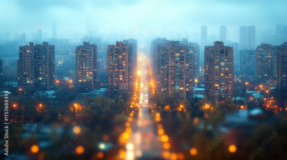Obraz premium Aerial view of a city's skyline at night from a high-rise building, highlighting the urban landscape and nighttime activity