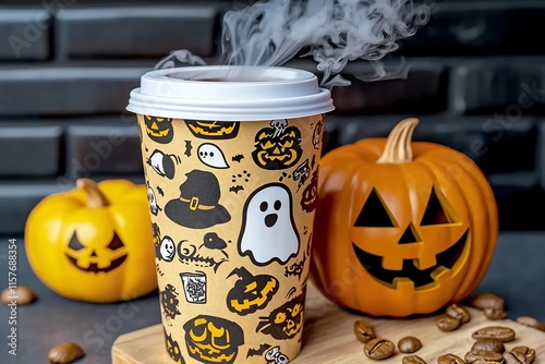 Spooky Halloween Coffee Shop Logo with Ghost-Shaped Smoke and Pumpkins photo