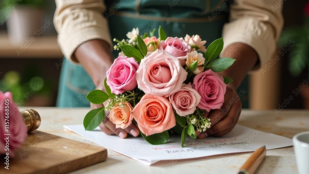 African-American florist girl collects a beautiful bouquet of flowers in a flower shop, close-up African-American florist girl collects a beautiful bouquet of flowers in a flower shop, close-up