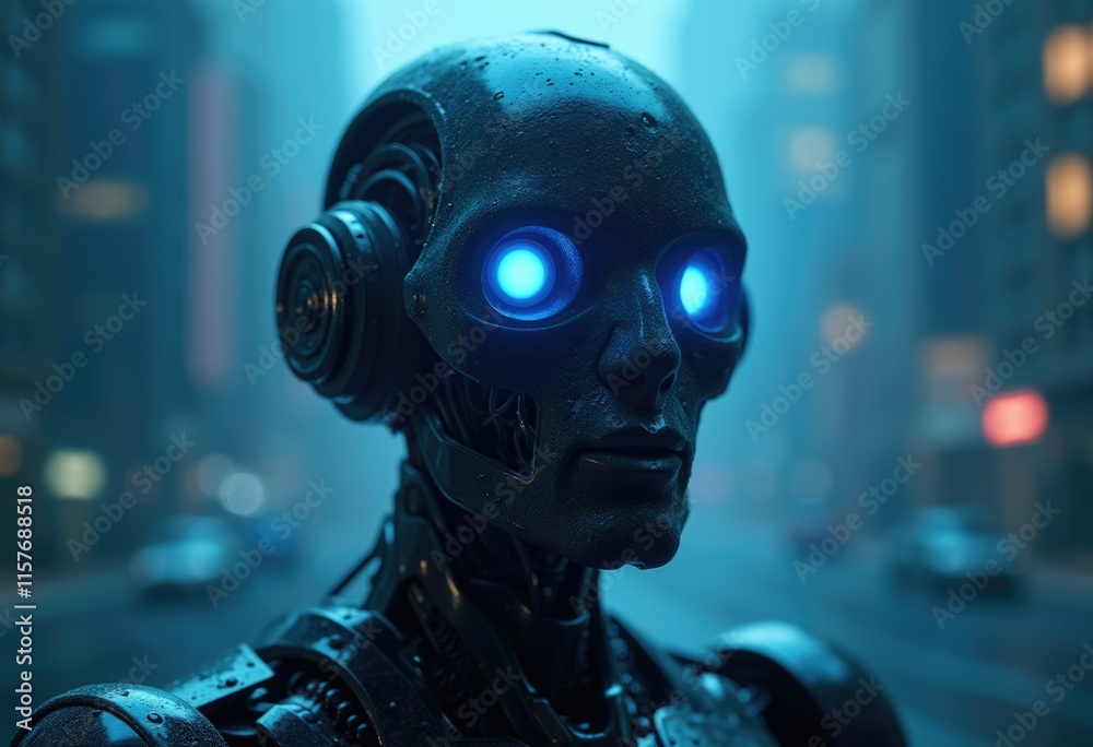 A robotic figure with blue glowing eyes stands in a futuristic city. A robotic figure with blue glowing eyes stands in a futuristic city.