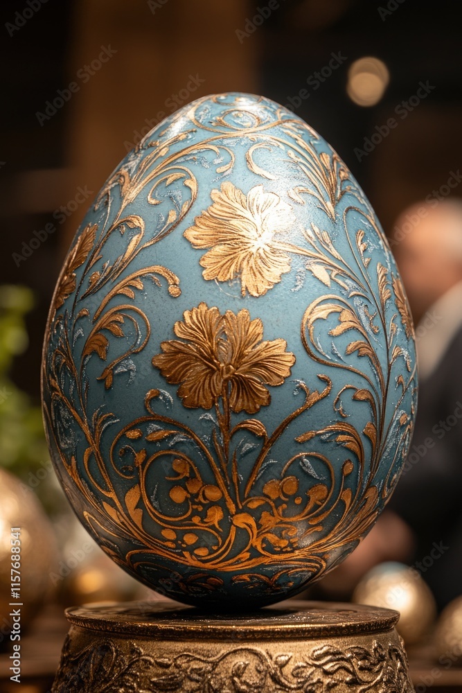 A decorative blue and gold egg sits atop a table, suitable for Easter or spring-themed designs