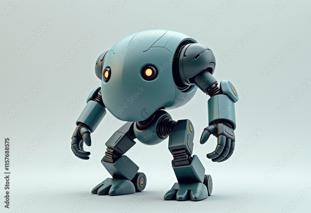 A teal colored robot with glowing eyes stands on a light blue background. A teal colored robot with glowing eyes stands on a light blue background.