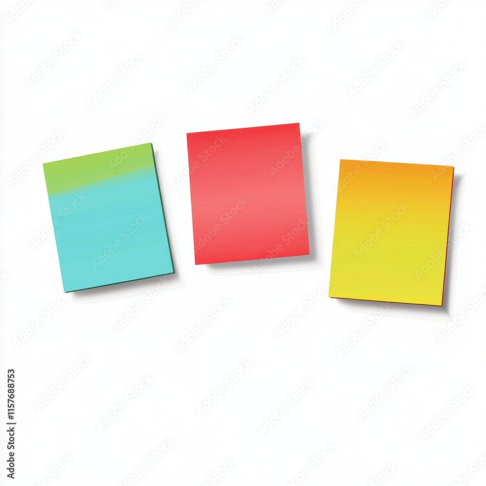 Three colorful sticky notes in varying shades: blue, red, and orange, creating a vibrant office atmosphere.