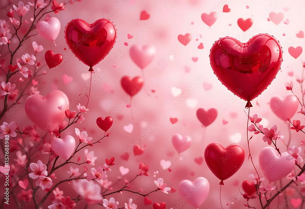 Background design of Romantic composition featuring heart-shaped balloons, floating red and pink hearts, glossy 3D textures, Illustrations of Valentine's Day