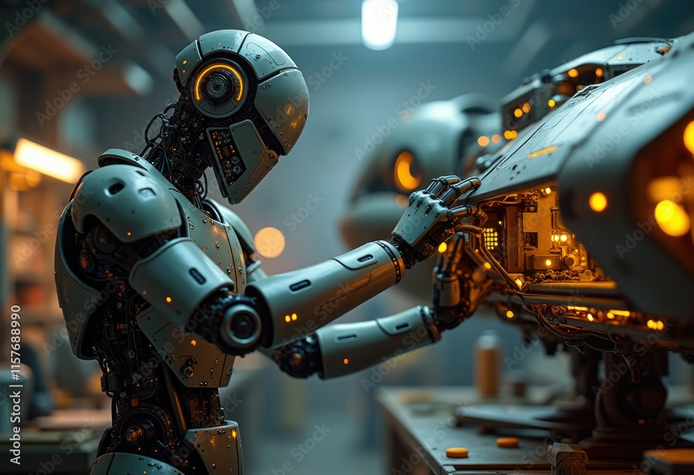 A robotic hand reaches into a futuristic spacecraft inspecting its intricate workings. A robotic hand reaches into a futuristic spacecraft inspecting its intricate workings.
