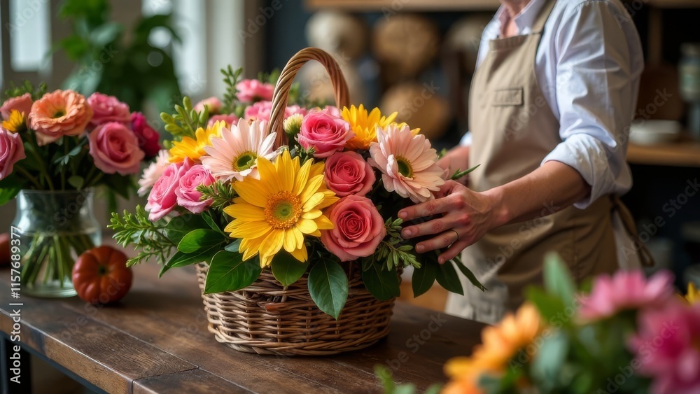 Girl florist collects a beautiful bouquet of flowers in a flower shop, close-up