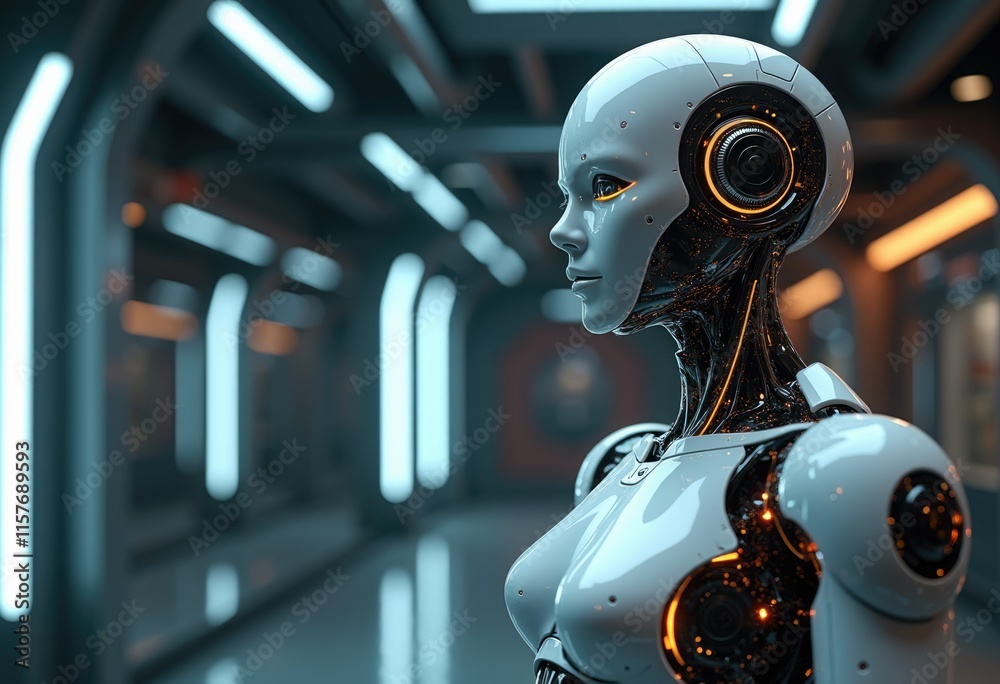 A white humanoid robot with glowing circuits stands in a futuristic hallway. A white humanoid robot with glowing circuits stands in a futuristic hallway.
