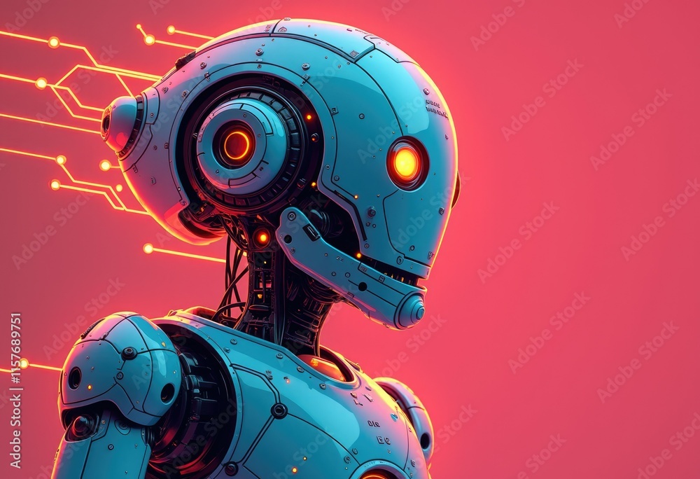 Futuristic robot with blue body and orange eyes on pink background. Futuristic robot with blue body and orange eyes on pink background.