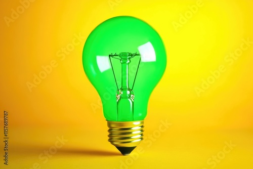 A single green light bulb sitting on a bright yellow background, perfect for use in design and illustration projects