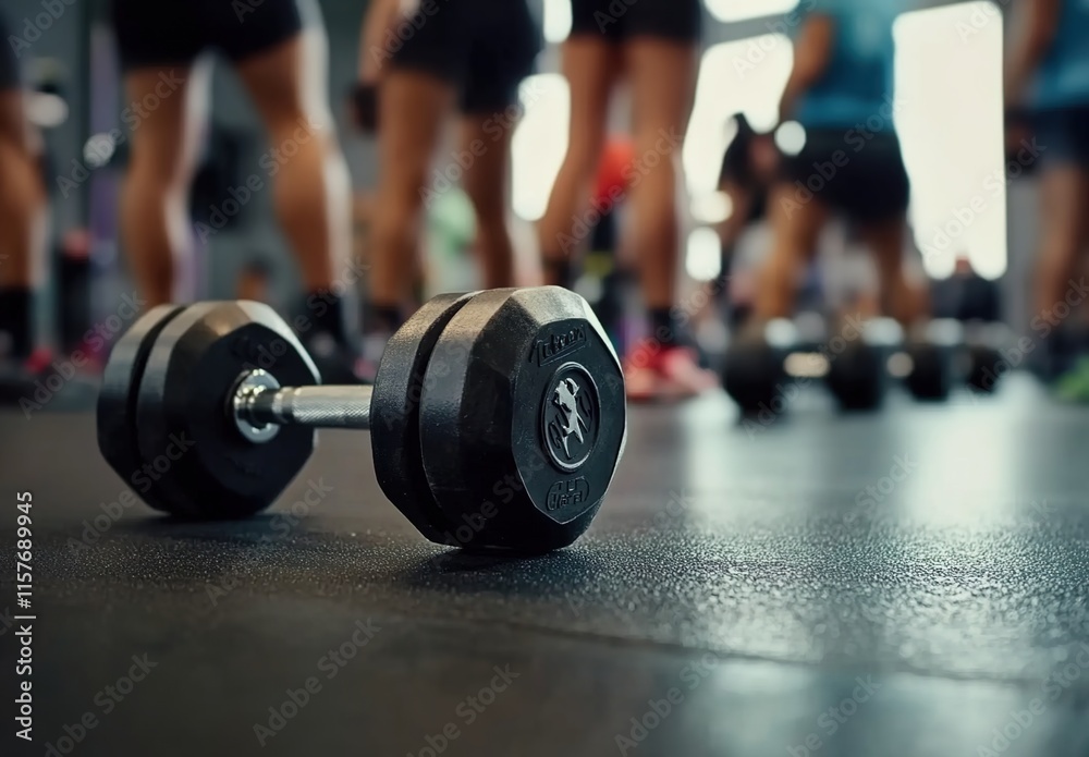 A close-up of dumbbells on the floor in the foreground, with people working out and doing CrossFit in the background. A close-up of dumbbells on the floor in the foreground, with people working out and doing CrossFit in the background.
