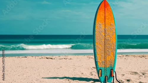 A lone surfboard resting on a sandy beach near the shoreline, evoking themes of surfing, beach life, and outdoor adventure. photo