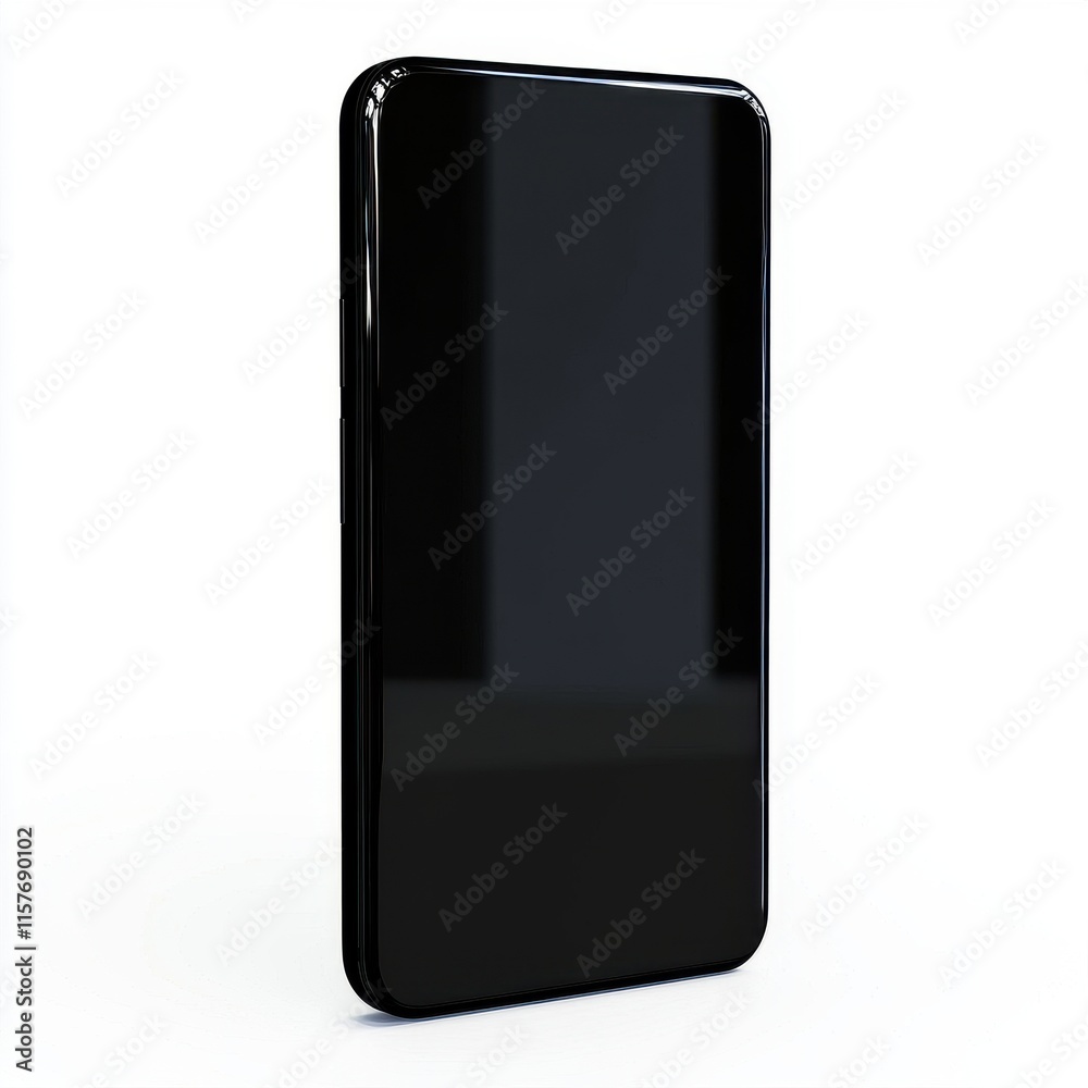 A sleek, modern black smartphone standing upright against a white background. A sleek, modern black smartphone standing upright against a white background.