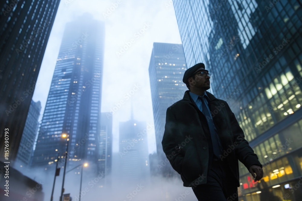 Fototapeta premium A man standing in the middle of a foggy city, perfect for use as a background or atmosphere image