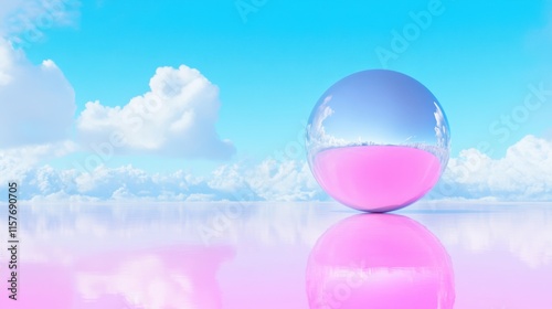 Shiny Pink Sphere on Reflective Surface Under Bright Blue Sky with Clouds