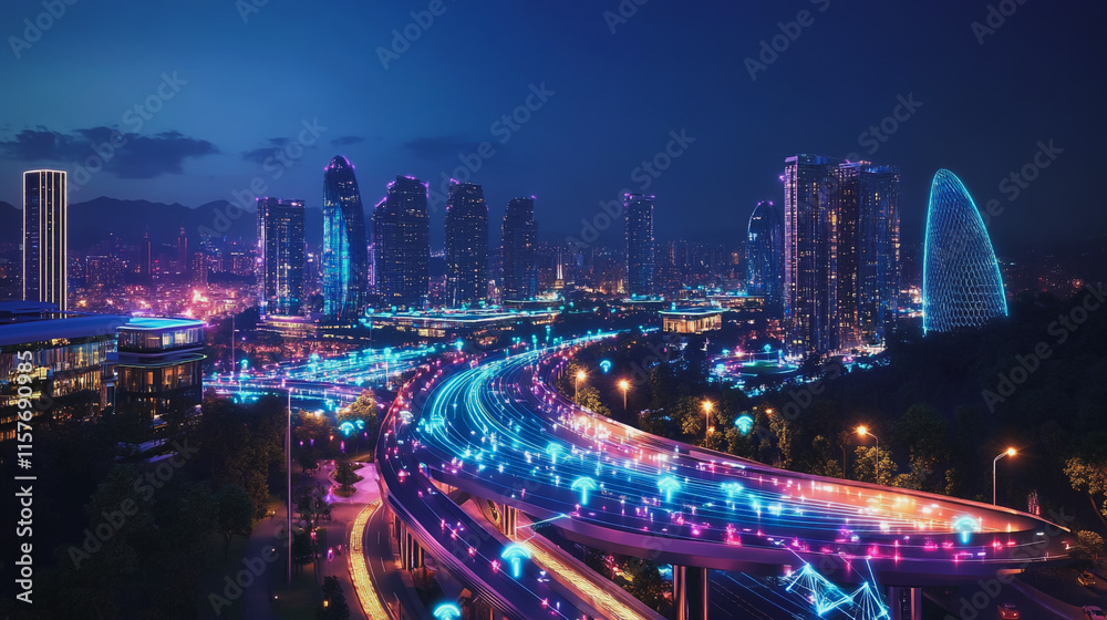 Fototapeta premium Smart digital Innovation city with connection network reciprocity over the cityscape. of future smart wireless digital city and social media networking systems that connects people with in city