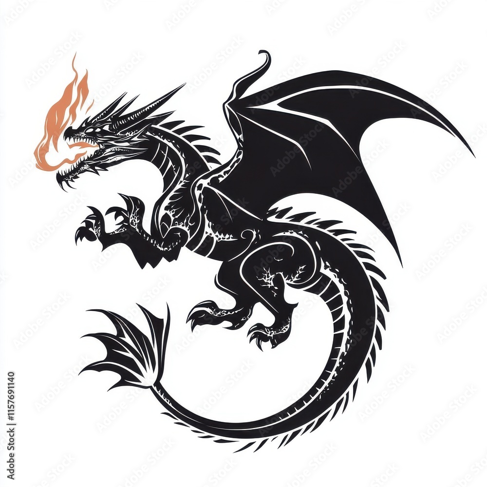 Obraz premium A fierce black dragon with intricate details, exhaling a vibrant flame, showcasing power and mythical charm.