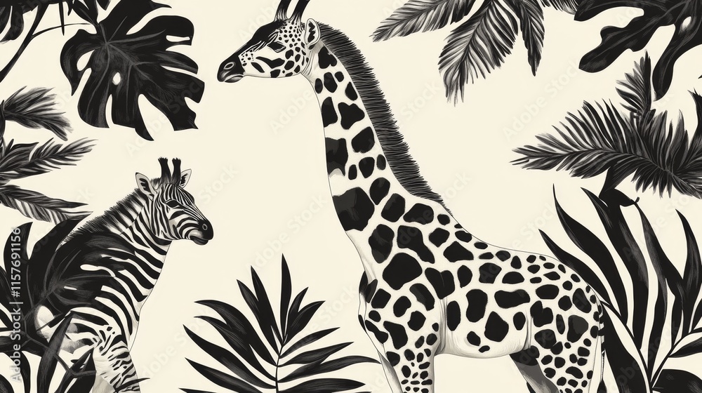 Fototapeta premium Wildlife scene giraffe and zebra in tropical habitat nature illustration vibrant environment artistic perspective