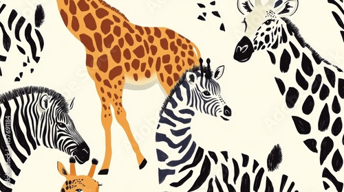 Vibrant animal patterns giraffes and zebras artistic illustration colorful environment playful concept photo