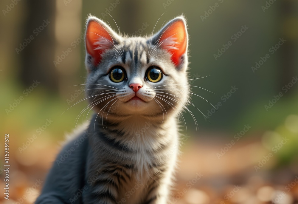 A cute grey tabby kitten with big green eyes looks up with a curious expression. A cute grey tabby kitten with big green eyes looks up with a curious expression.
